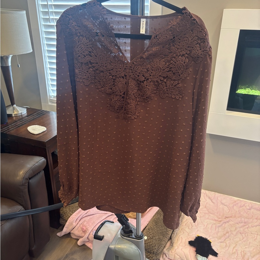 Brown Crochet Yoke Long Sleeve Blouse - Picture 2 of 6